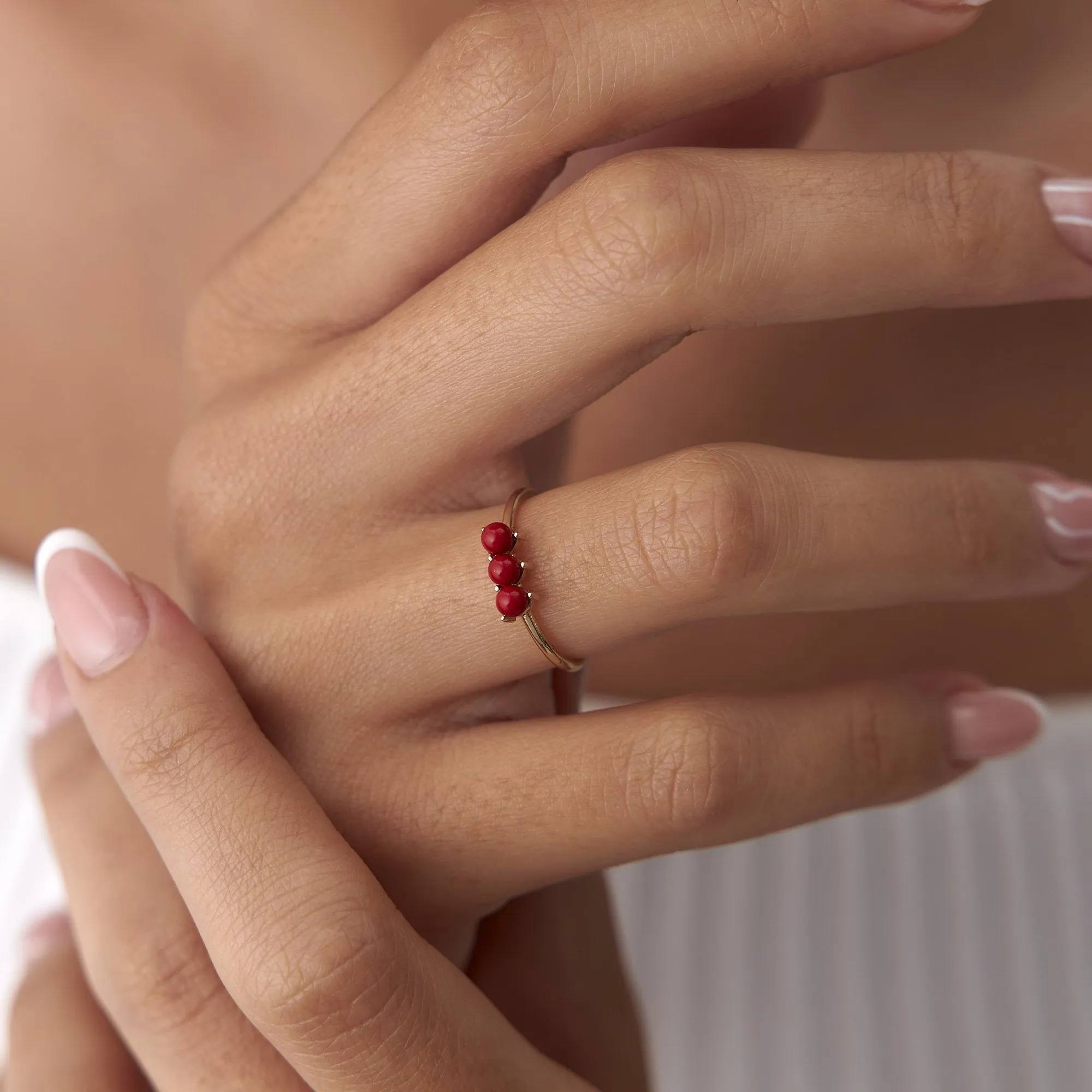 14k Gold Coral Triple Bud Ring