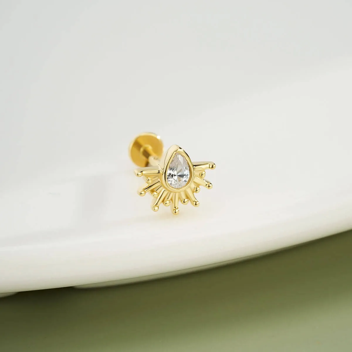 14K Solid Gold Marquise CZ Sunburst Push Pin Cartilage Nose Stud