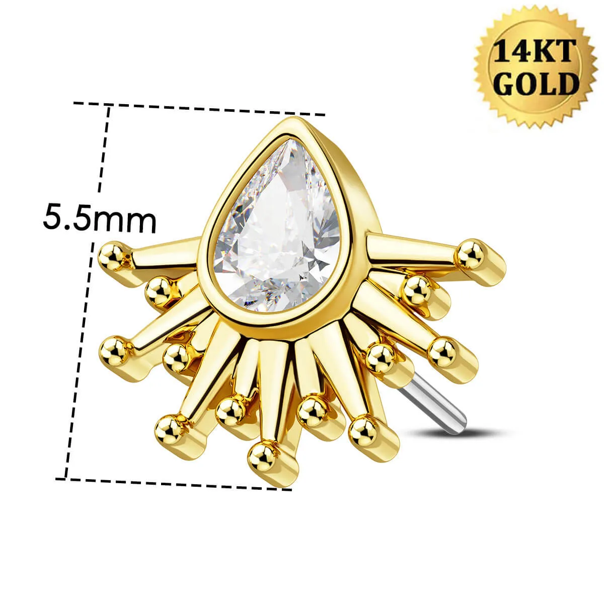 14K Solid Gold Marquise CZ Sunburst Push Pin Cartilage Nose Stud