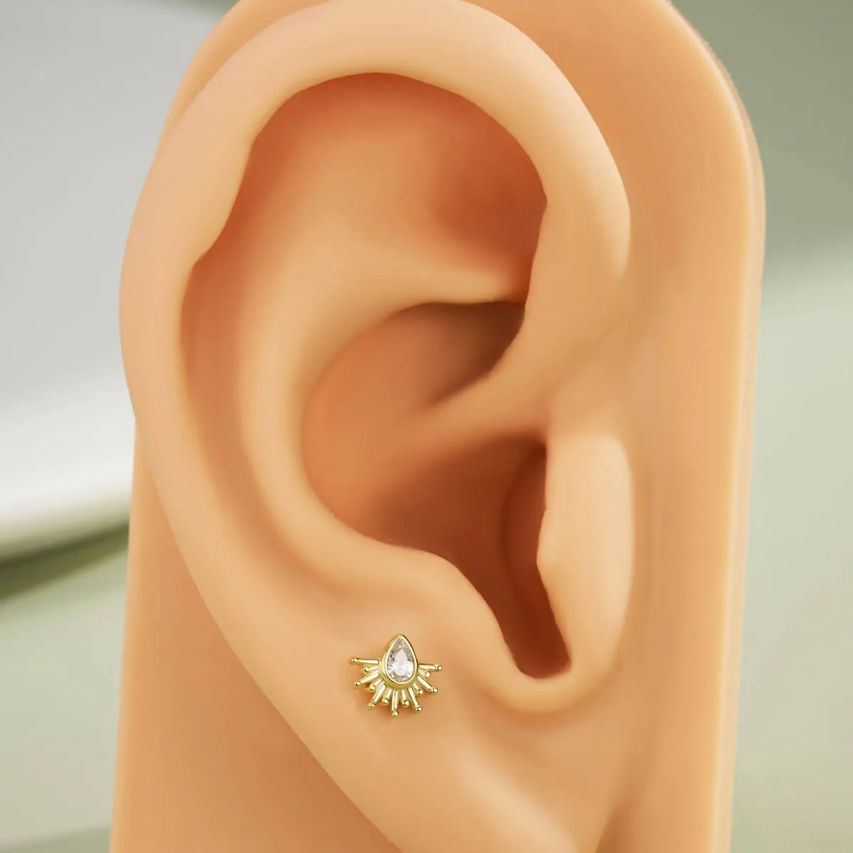 14K Solid Gold Marquise CZ Sunburst Push Pin Cartilage Nose Stud