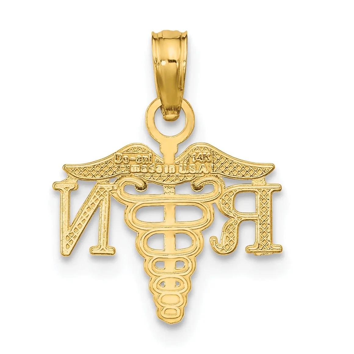 14K Yellow Gold Open Back Polished Finish RN Caduceus Design Charm Pendant