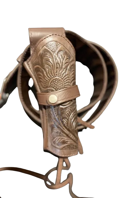 38/357 Caliber Vintage Brown Western Cowboy Hollywood Style Hand Tooled Gun Holster and Belt