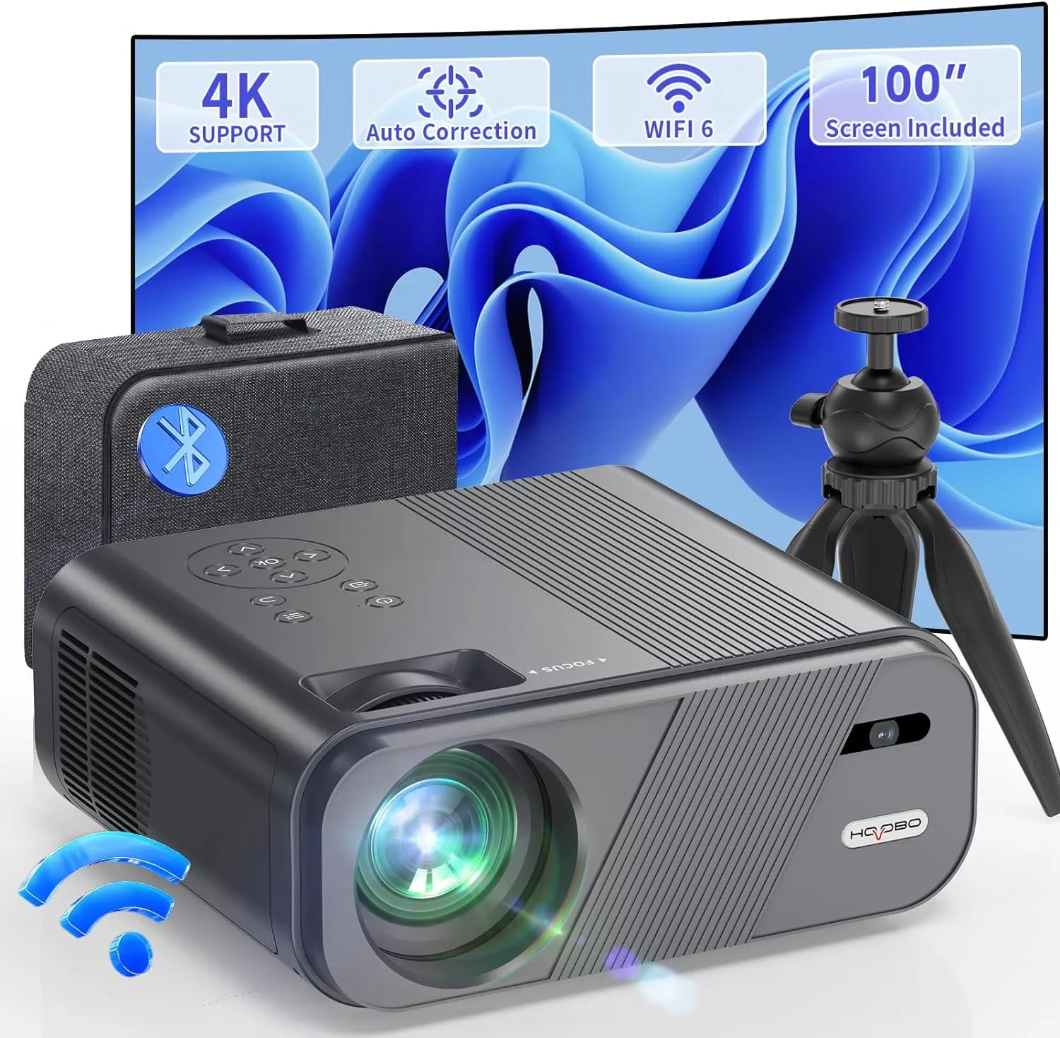 4K Portable Projector with WiFi and Bluetooth - works with PC, TV Stick, iOS, Android - by Hovobo