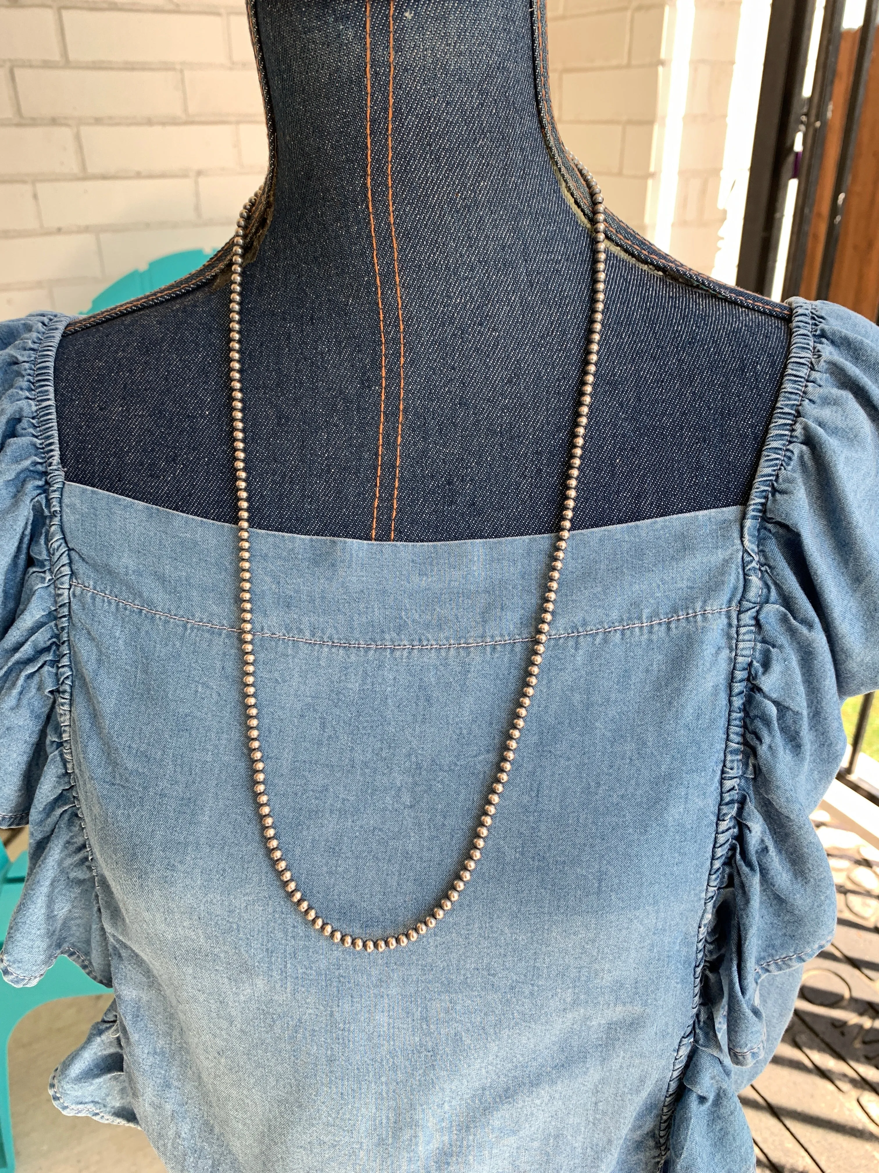 4MM " Navajo Style" Sterling Pearls Necklace