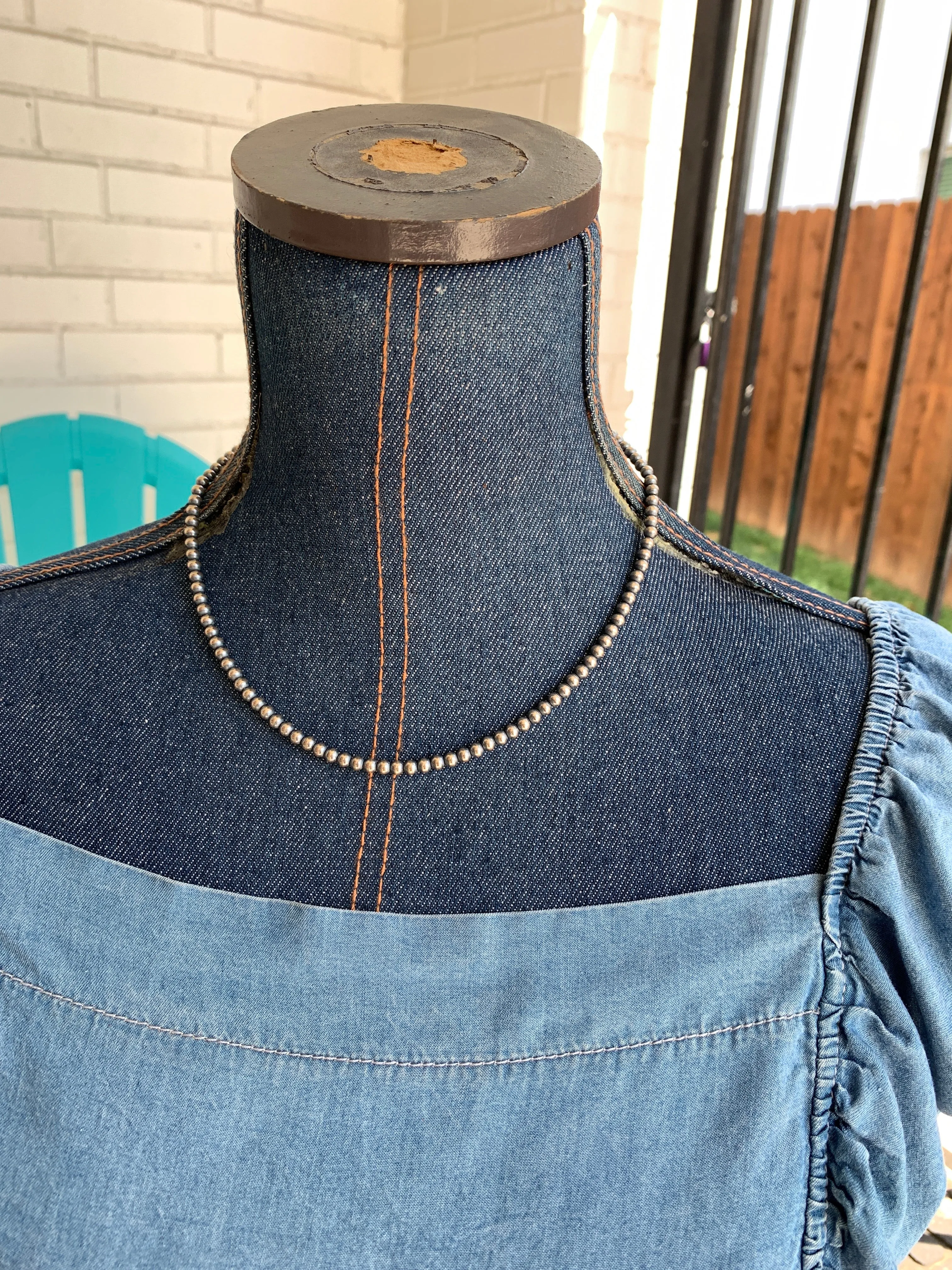 4MM " Navajo Style" Sterling Pearls Necklace