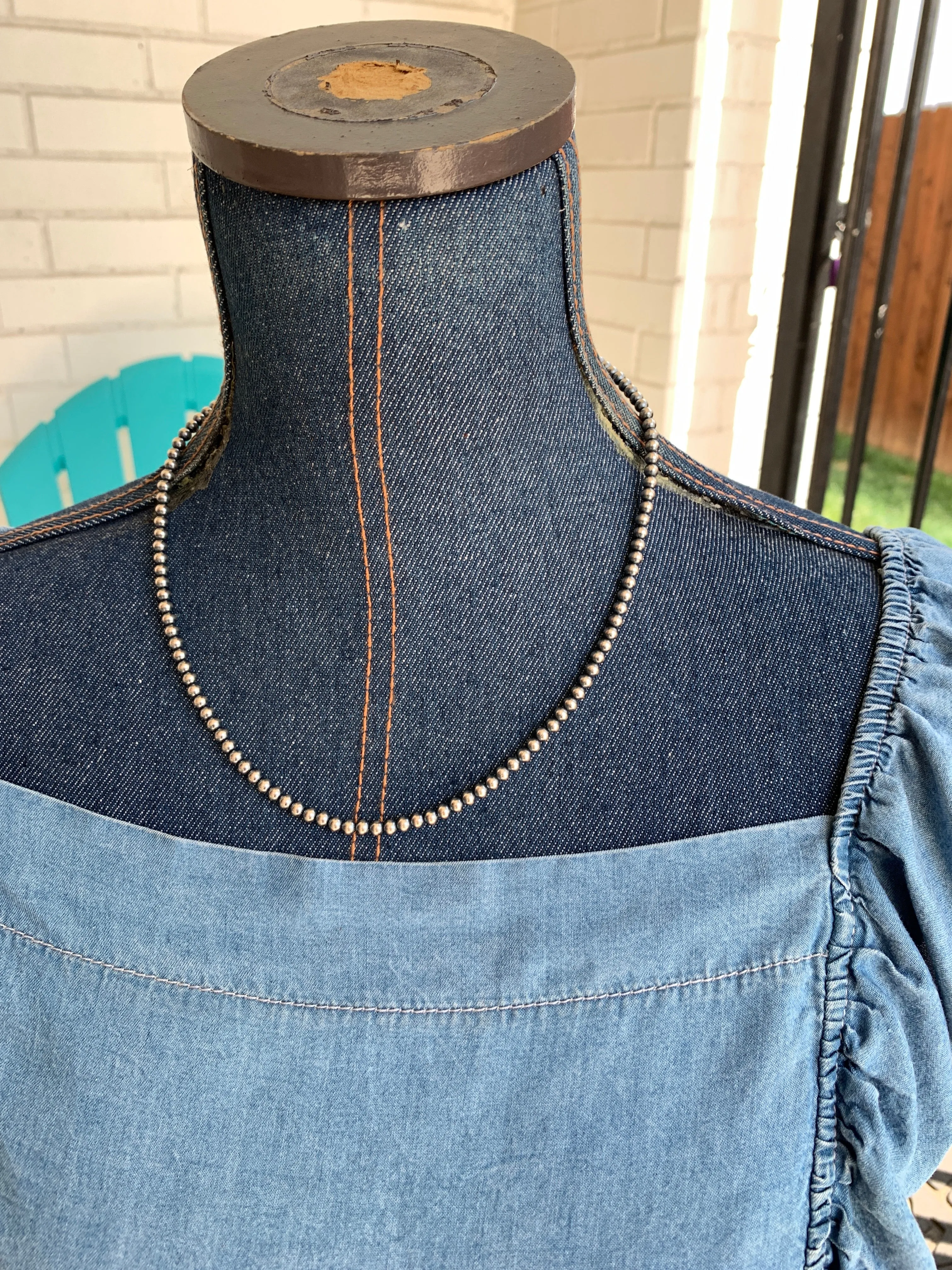 4MM " Navajo Style" Sterling Pearls Necklace