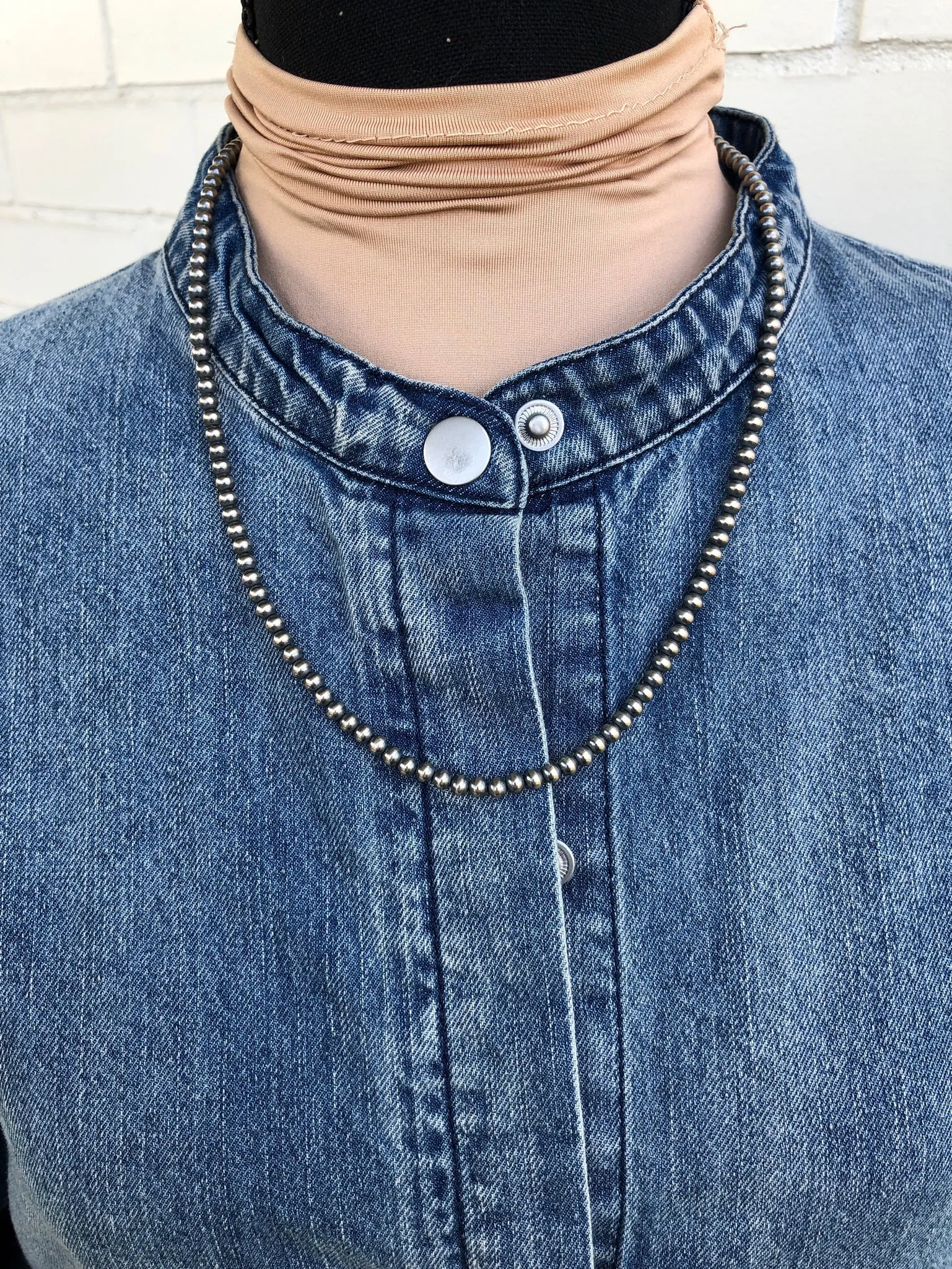 4MM " Navajo Style" Sterling Pearls Necklace