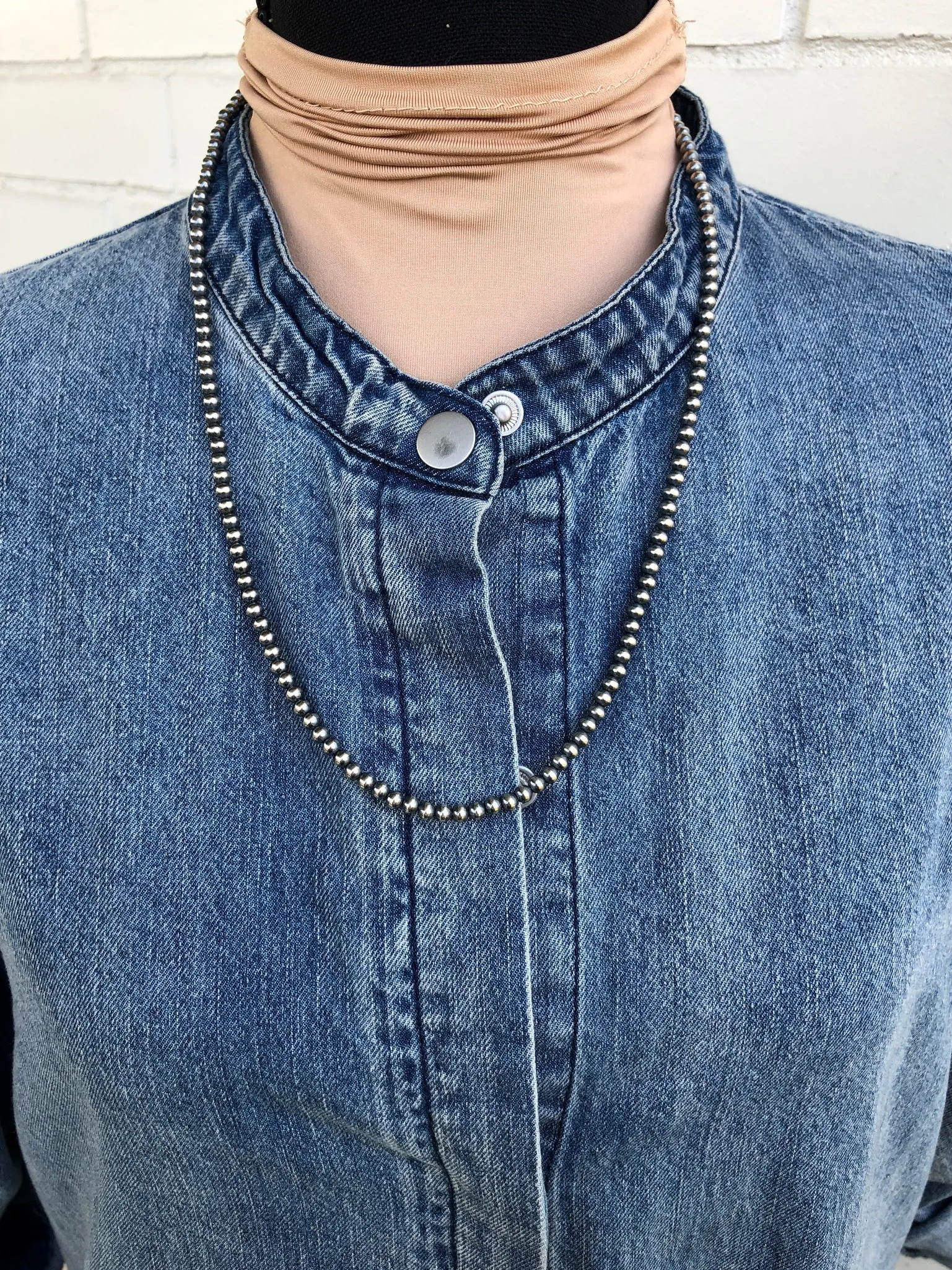 4MM " Navajo Style" Sterling Pearls Necklace