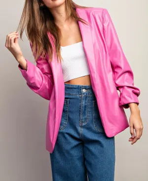 ALL BUSINESS FAUX LEATHER BLAZER-HOT PINK