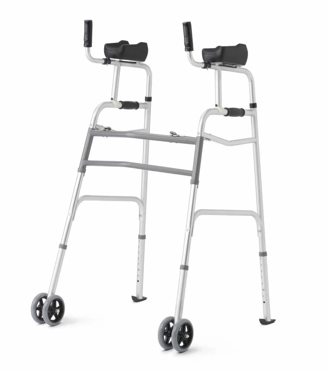 Aluminum Upright Folding Walker with 5" Wheels, Gray