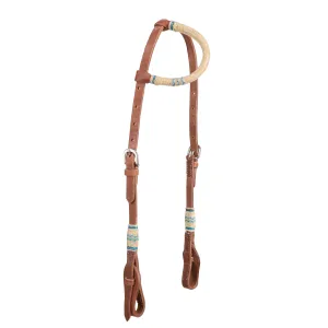 Argentina Cow Leather One Ear Headstall with White and Teal Rawhide