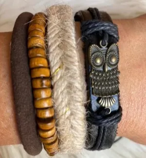 Bronzed Owl Charm With Gold Beads And Black Leather Bracelet Set