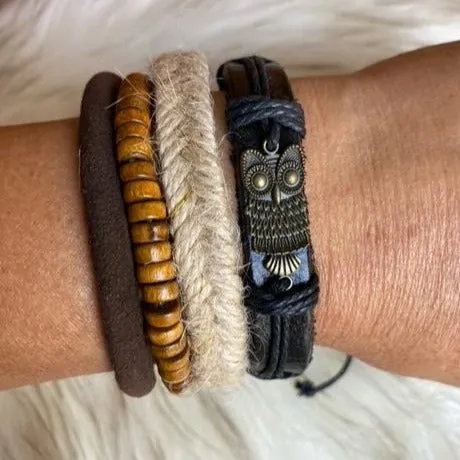 Bronzed Owl Charm With Gold Beads And Black Leather Bracelet Set