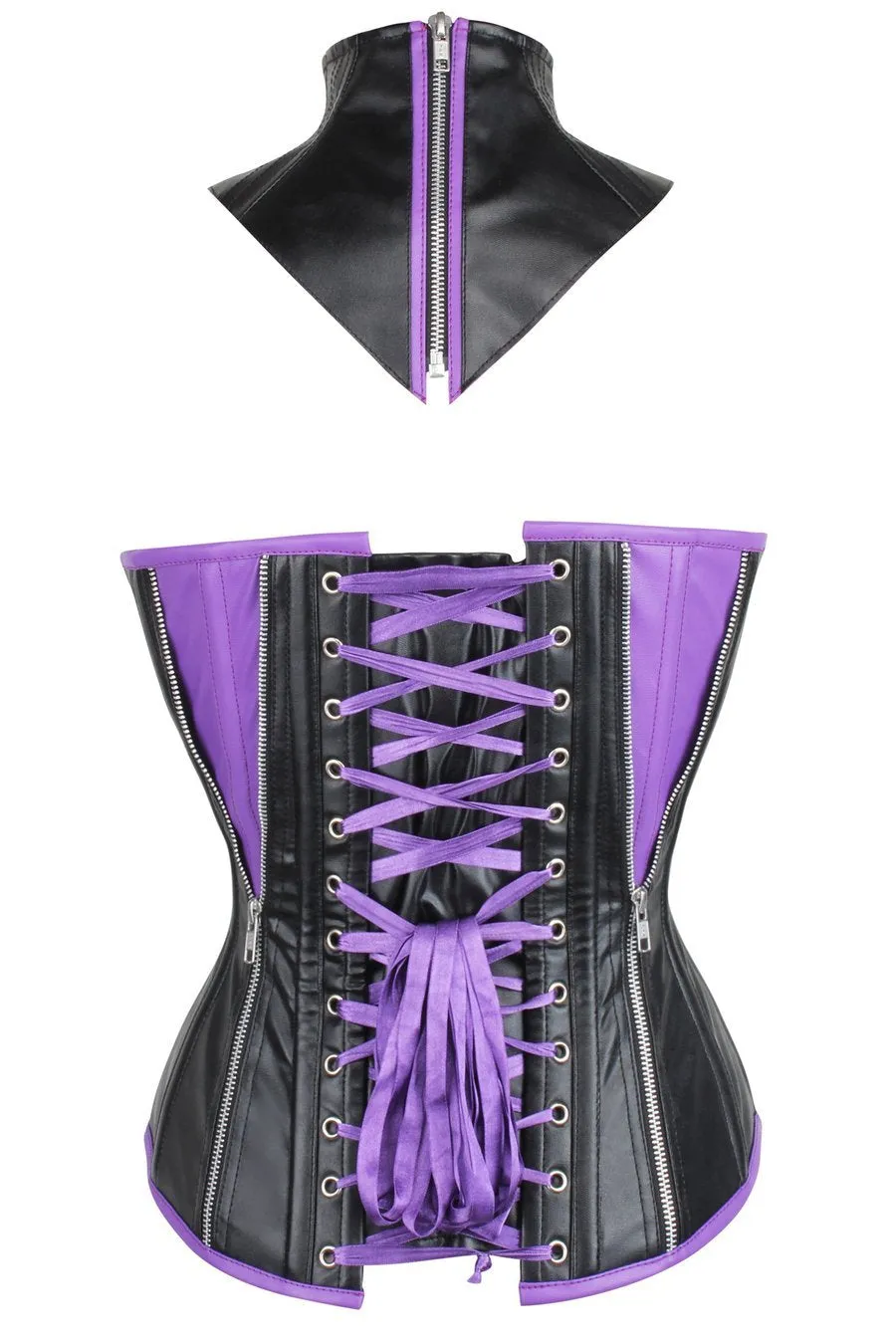 Champman Black & Purple Faux Leather Overbust Corset With Choker