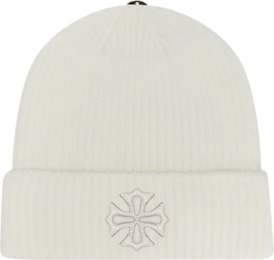 Chrome Hearts "Leather Plus Cross Patch" Beanie White