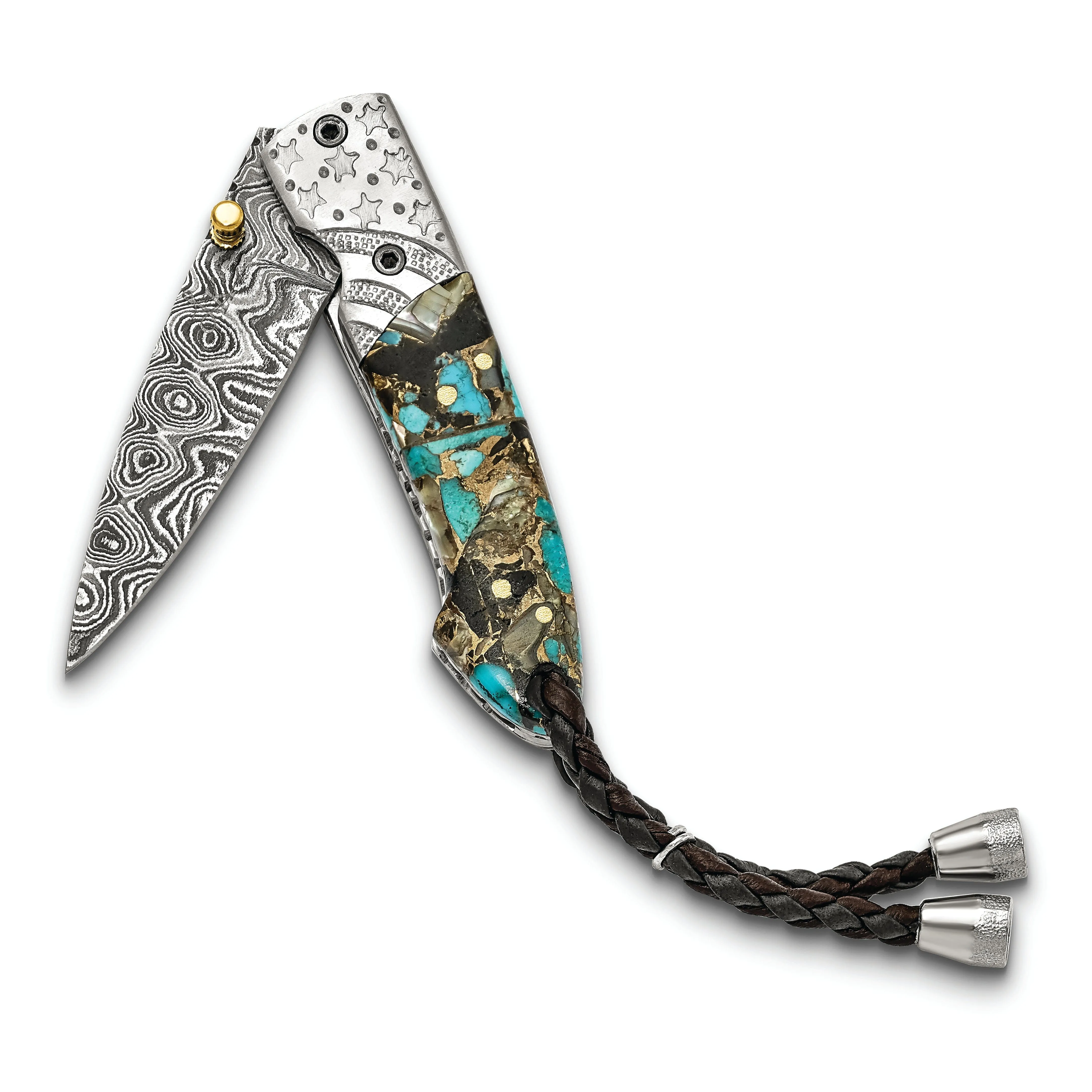 Damascus Steel 256 Layer Folding Blade Turq/Abalon/Obsid/Bronze Knife