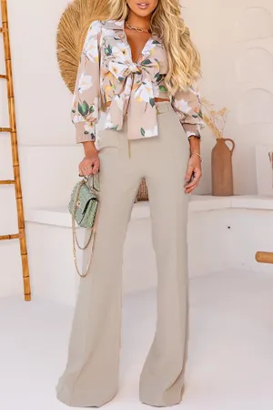 Elegant Floral With Bow V Neck Long Sleeve Two Pieces