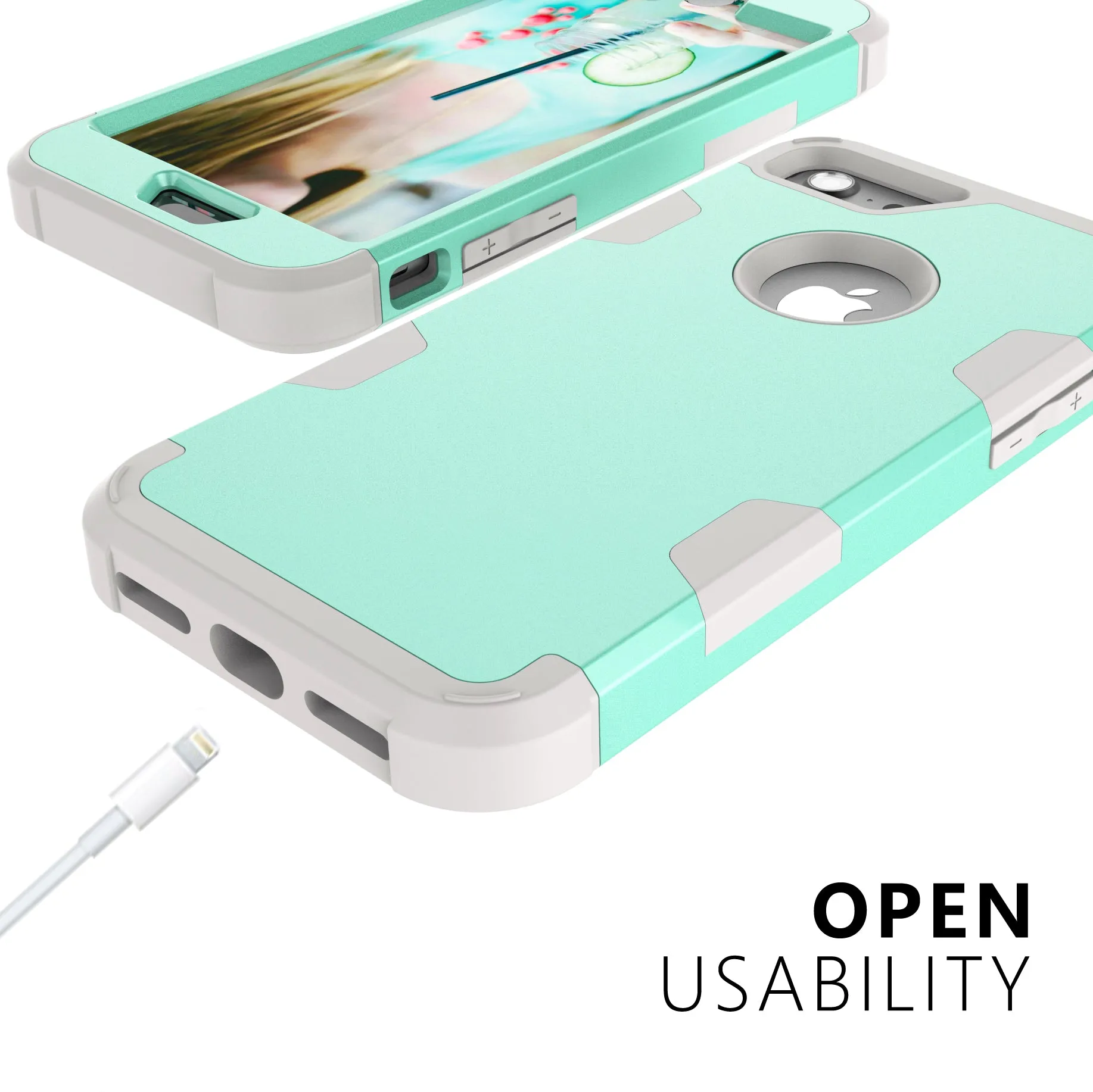 For iPhone 7 PC  Silicone 2 in 1 Hit Color Tri-proof Shockproof Dustproof Anti-fall Protective Cover Back Case Mint green   gray