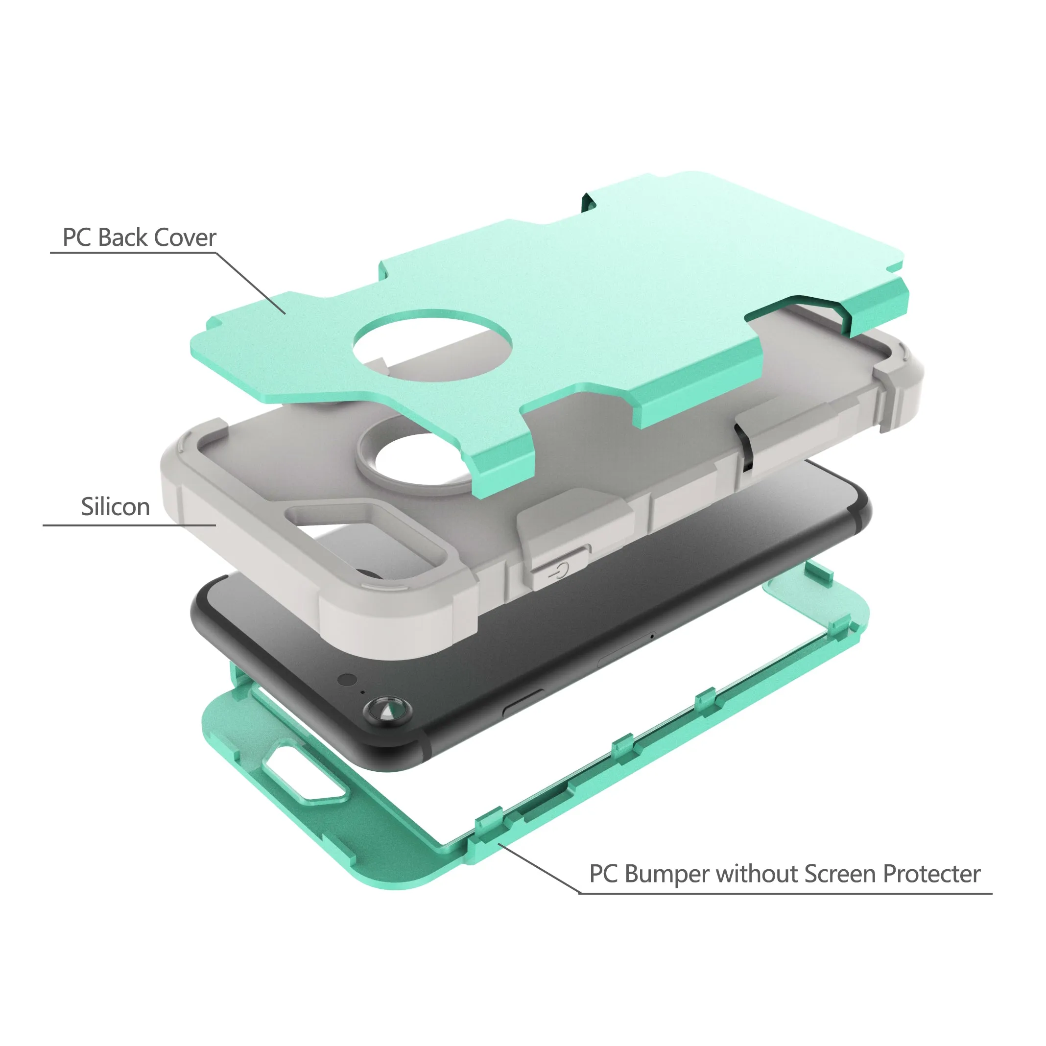 For iPhone 7 PC  Silicone 2 in 1 Hit Color Tri-proof Shockproof Dustproof Anti-fall Protective Cover Back Case Mint green   gray