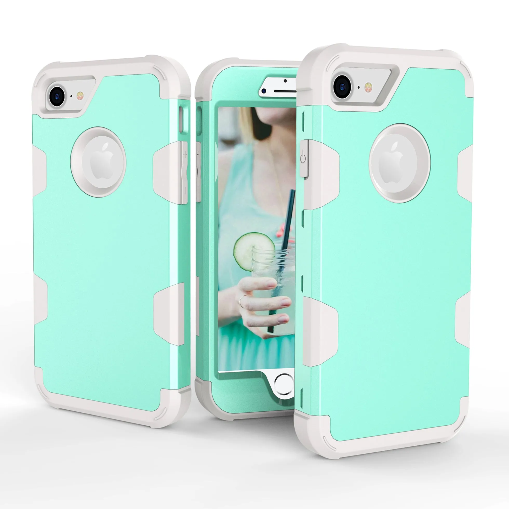 For iPhone 7 PC  Silicone 2 in 1 Hit Color Tri-proof Shockproof Dustproof Anti-fall Protective Cover Back Case Mint green   gray
