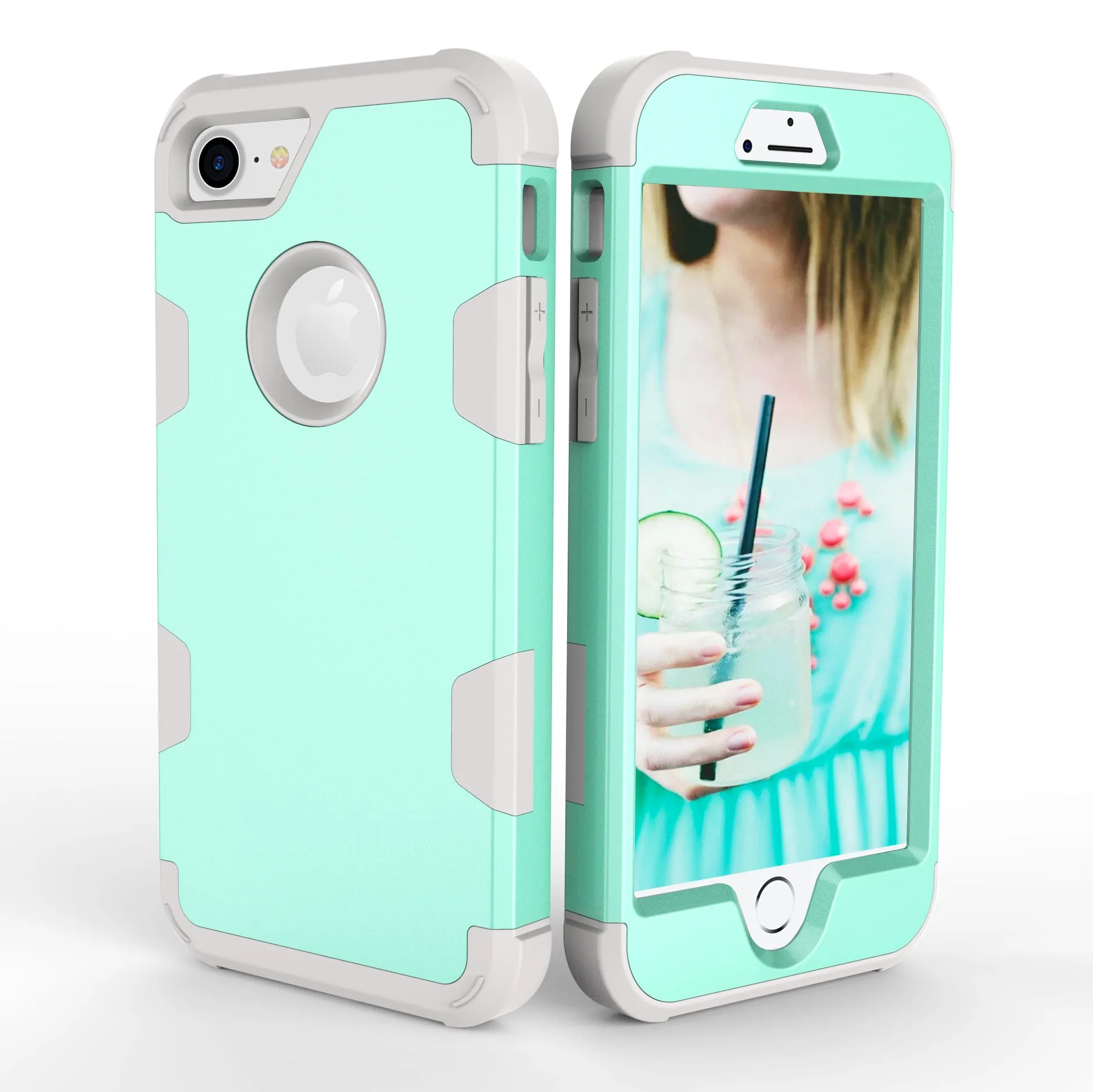 For iPhone 7 PC  Silicone 2 in 1 Hit Color Tri-proof Shockproof Dustproof Anti-fall Protective Cover Back Case Mint green   gray