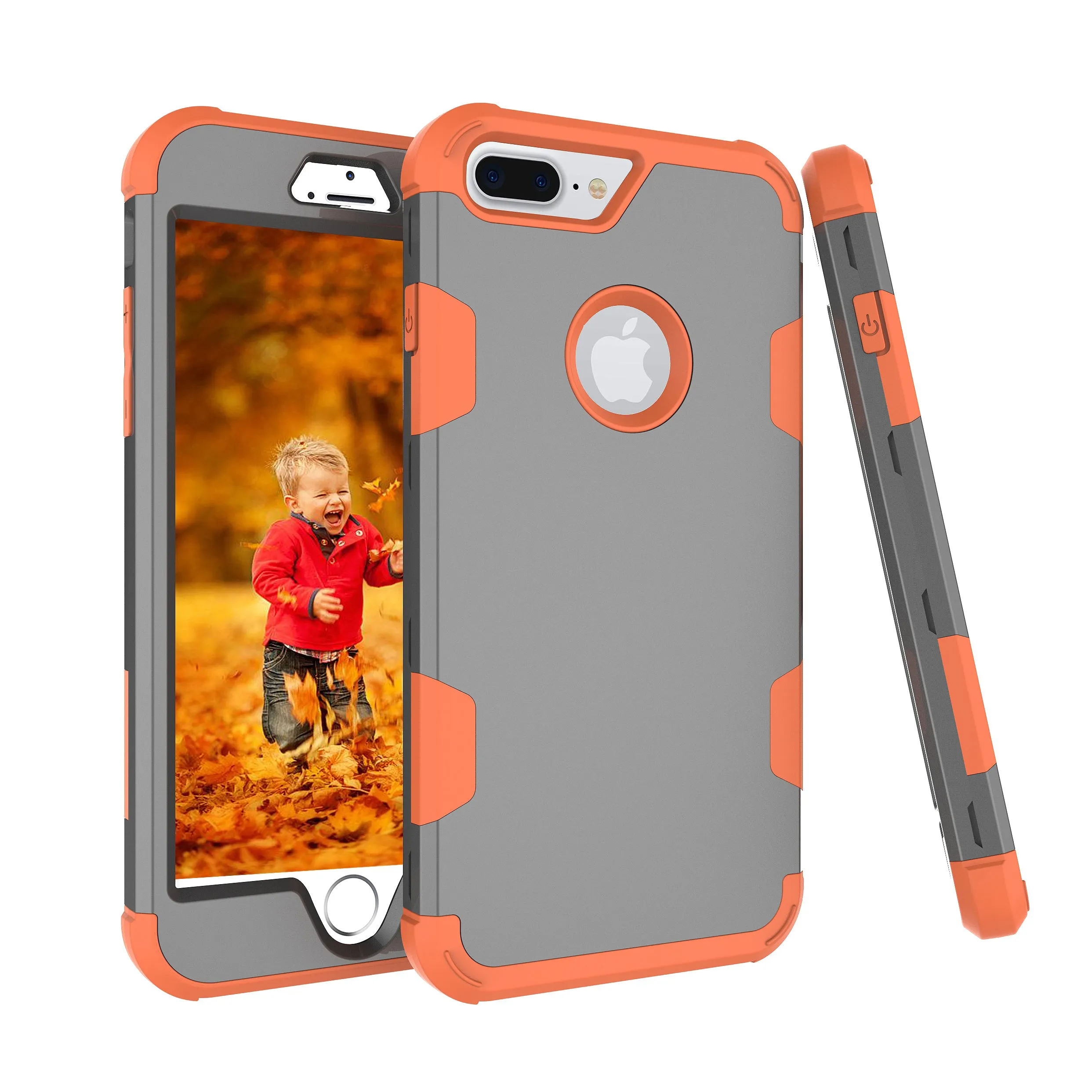For iPhone 7 plus PC  Silicone 2 in 1 Hit Color Tri-proof Shockproof Dustproof Anti-fall Protective Cover Back Case Gray   orange