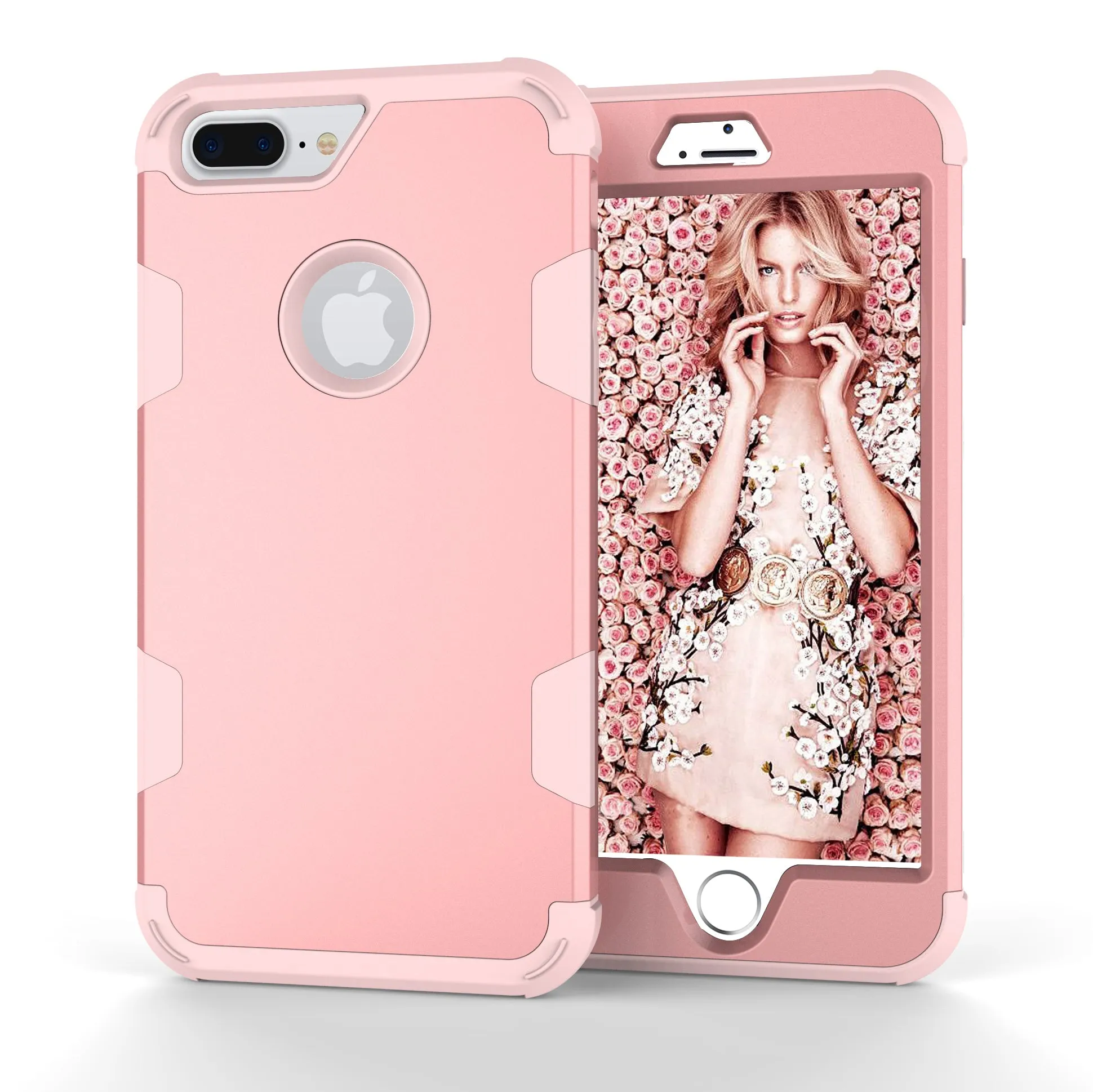For iPhone 7 plus PC  Silicone 2 in 1 Hit Color Tri-proof Shockproof Dustproof Anti-fall Protective Cover Back Case Rose gold