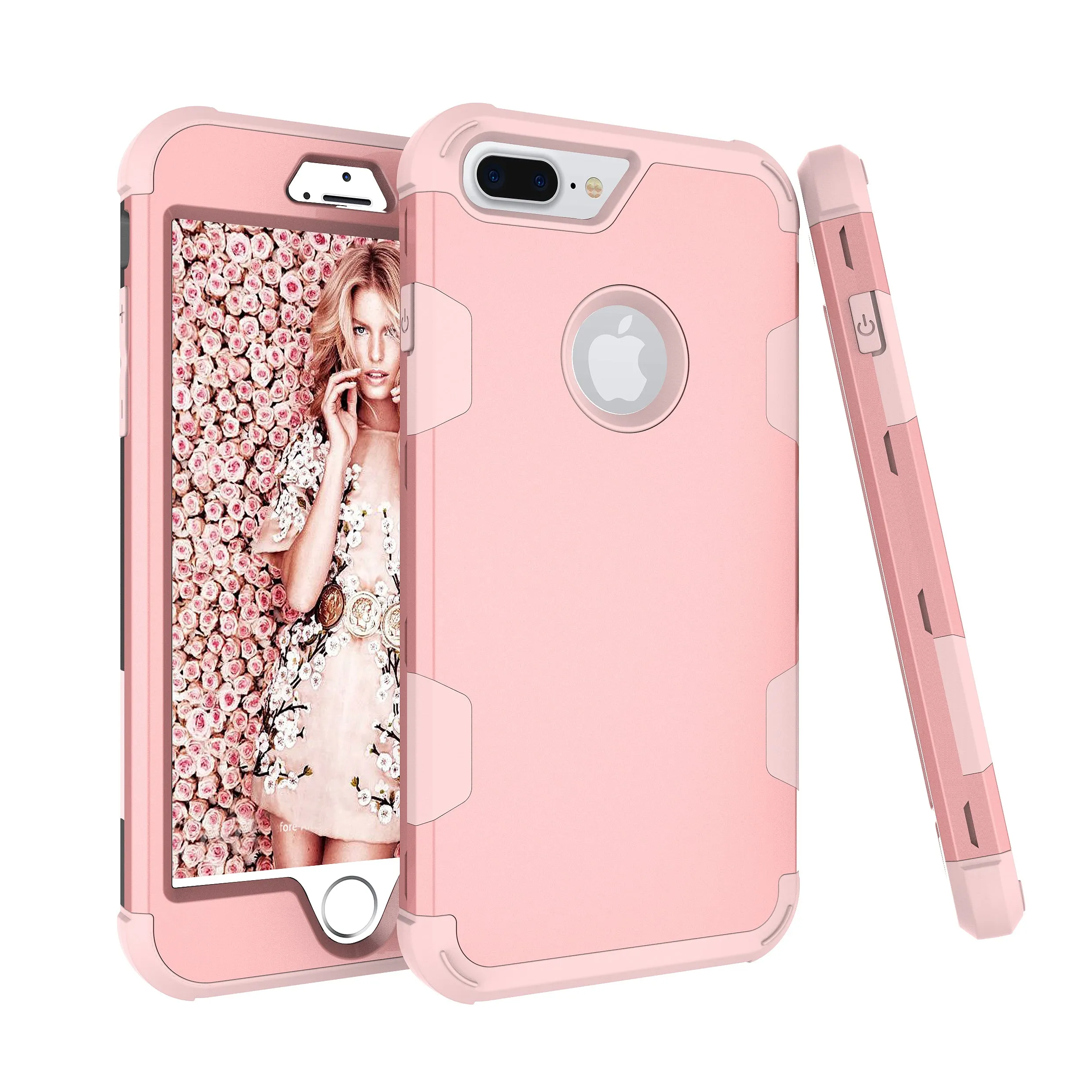 For iPhone 7 plus PC  Silicone 2 in 1 Hit Color Tri-proof Shockproof Dustproof Anti-fall Protective Cover Back Case Rose gold