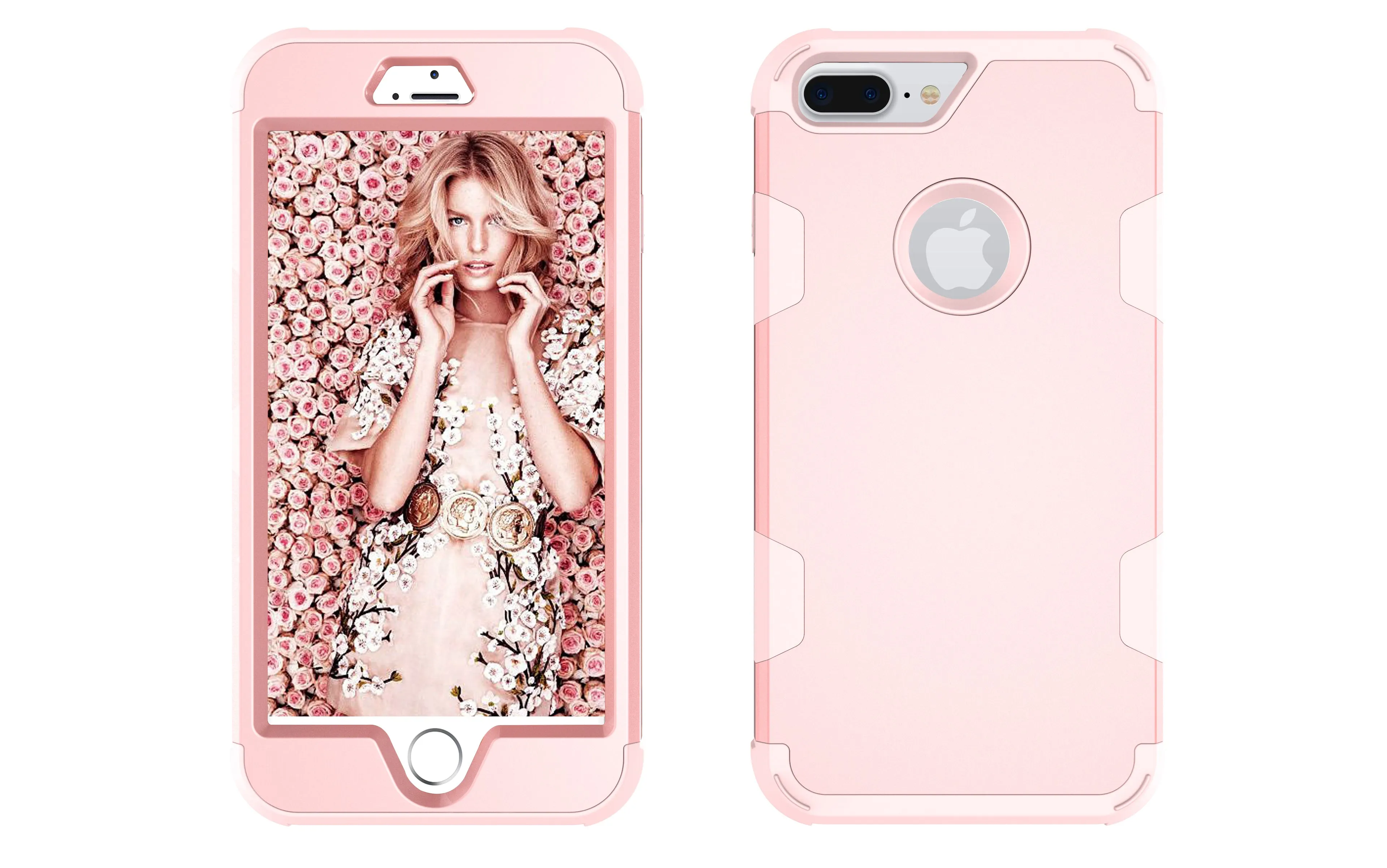 For iPhone 7 plus PC  Silicone 2 in 1 Hit Color Tri-proof Shockproof Dustproof Anti-fall Protective Cover Back Case Rose gold
