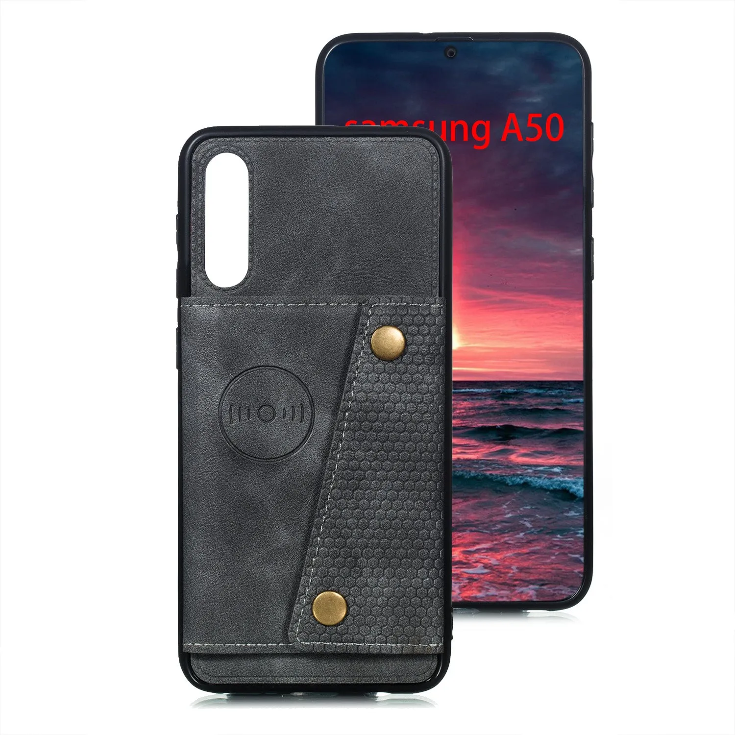 For Samsung A50 Double Buckle Non-slip Shockproof Cell Phone Case with Card Slot Bracket gray