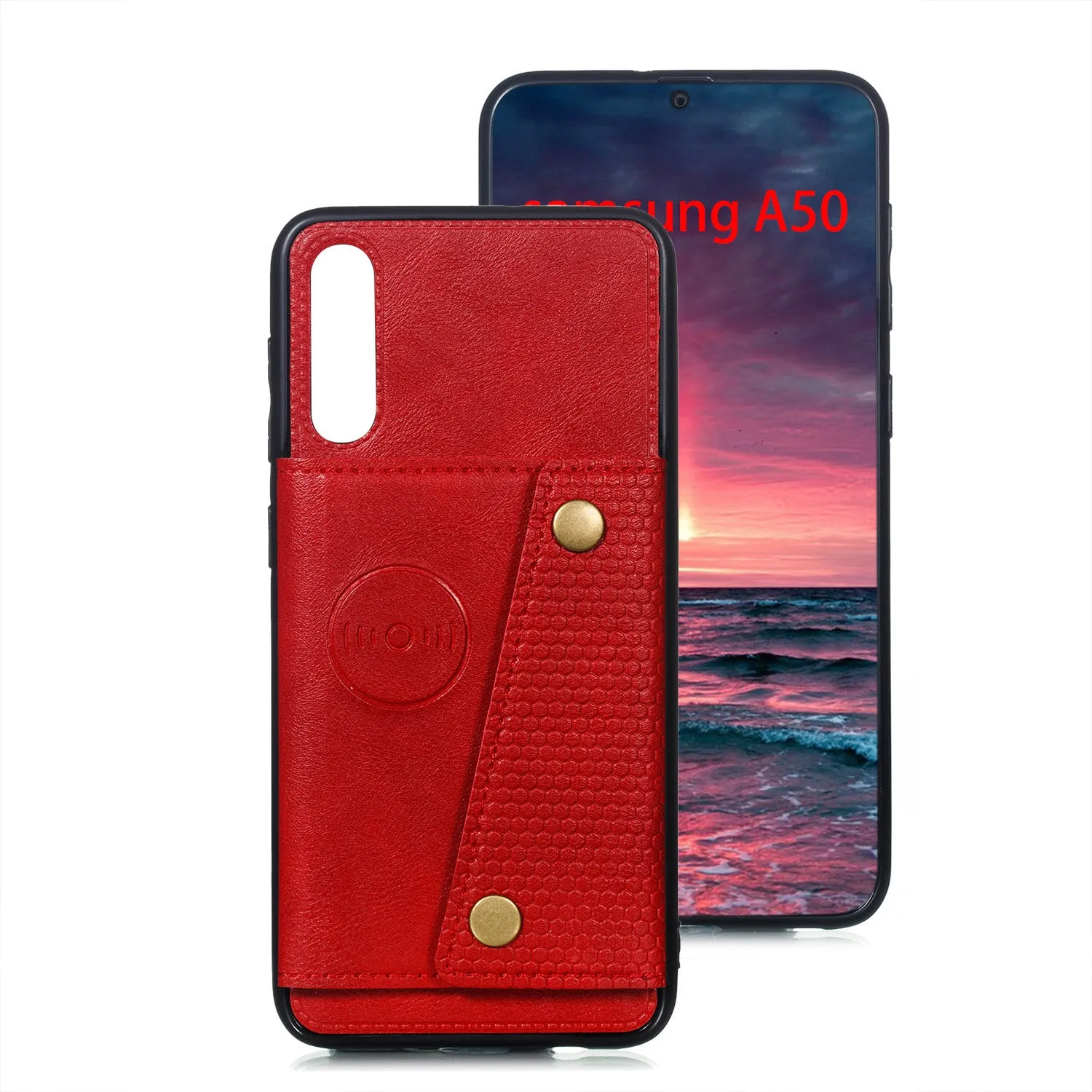 For Samsung A50 Double Buckle Non-slip Shockproof Cell Phone Case with Card Slot Bracket gray