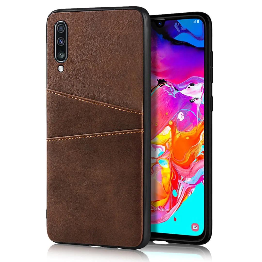 For Samsung A70 Cattlehide Grain PU Protective Case Back Cover with 2 Cards Pockets Dark brown