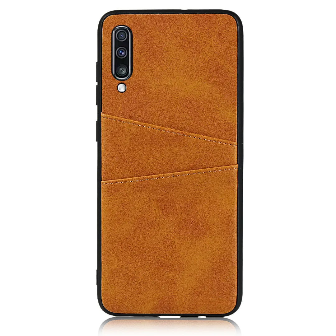 For Samsung A70 Cattlehide Grain PU Protective Case Back Cover with 2 Cards Pockets Dark brown