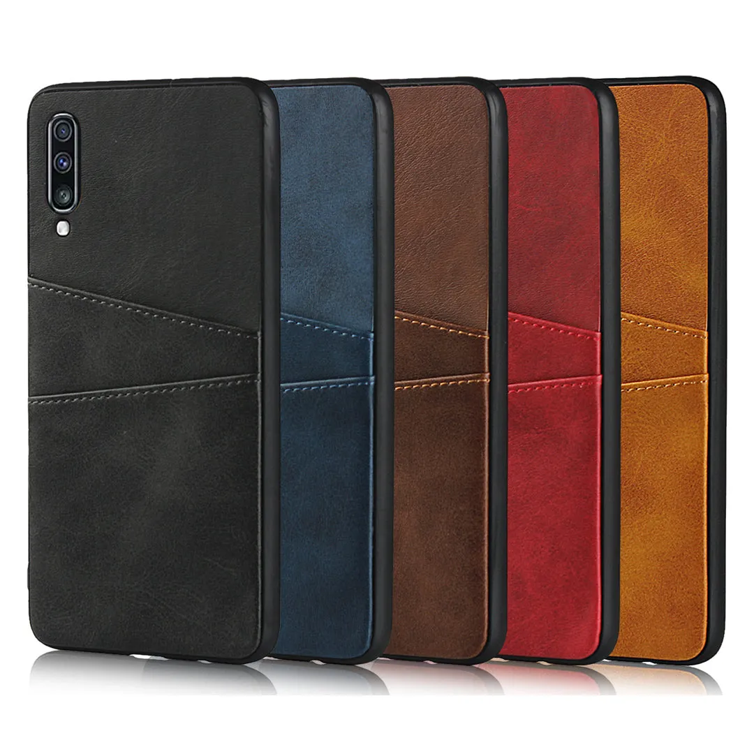 For Samsung A70 Cattlehide Grain PU Protective Case Back Cover with 2 Cards Pockets Dark brown