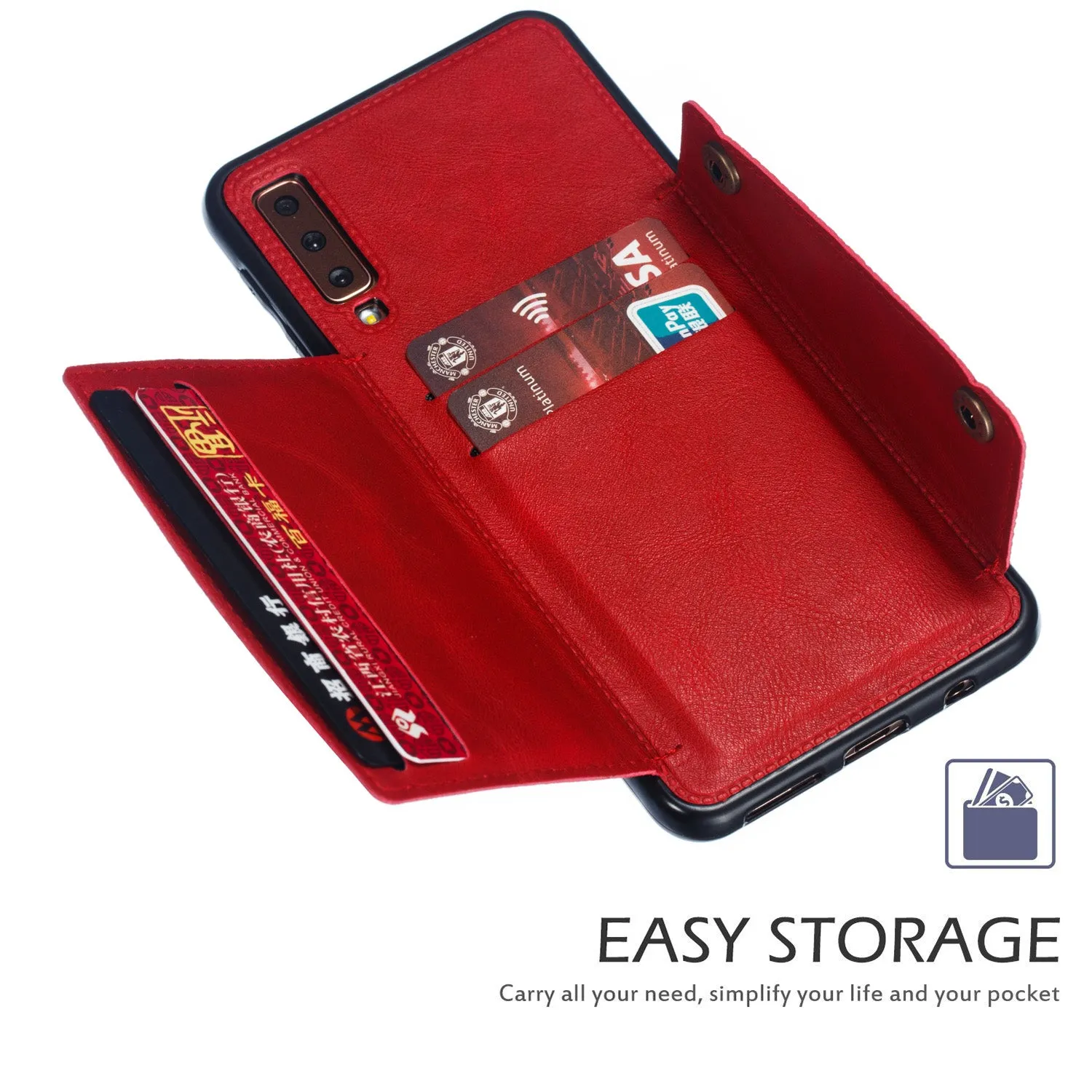 For Samsung A750/A7 2018 Double Buckle Non-slip Shockproof Cell Phone Case with Card Slot Bracket Light Brown