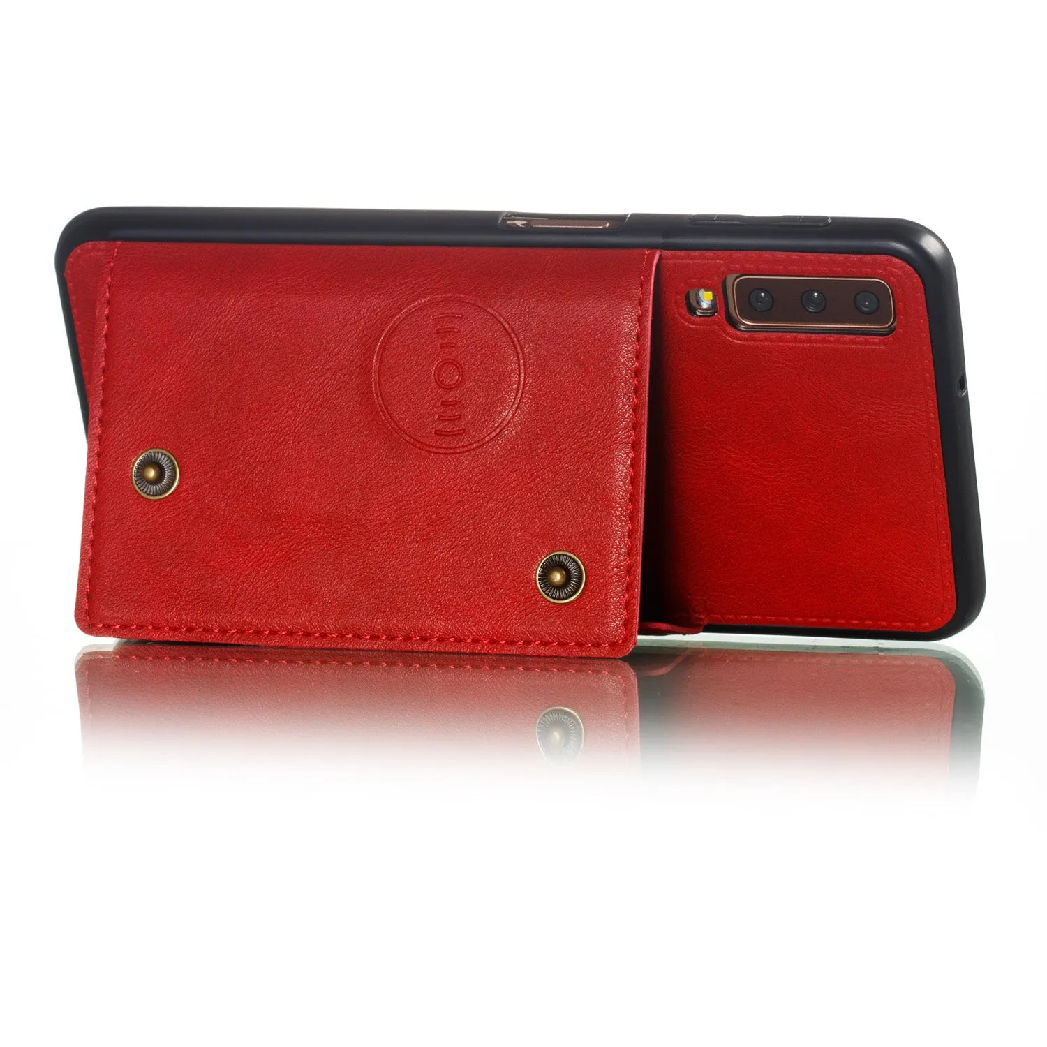 For Samsung A750/A7 2018 Double Buckle Non-slip Shockproof Cell Phone Case with Card Slot Bracket Light Brown