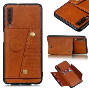 For Samsung A750/A7 2018 Double Buckle Non-slip Shockproof Cell Phone Case with Card Slot Bracket Light Brown