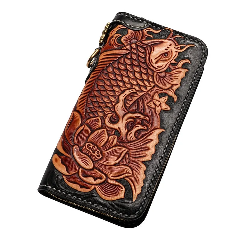 Genuine Leather Wallets Carving Carp Lotus Hand Sewing Zipper Bag Purses Women Men Long Clutch Vegetable Tanned Leather Wallet