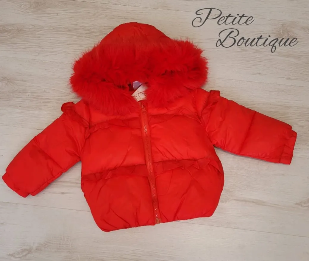 Girls red padded coat with faux fur trim hood