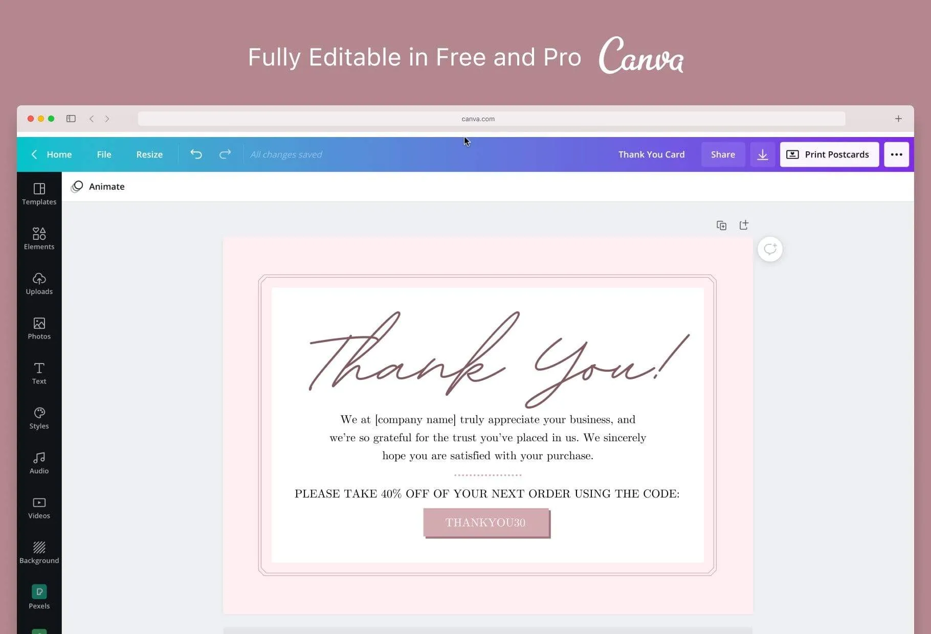 Giselle Printable Thank You Card Packaging Insert Note Canva Template