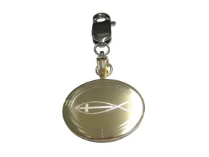 Gold Toned Etched Oval Religious Ichthys Fish with Cross Pendant Zipper Pull Charm