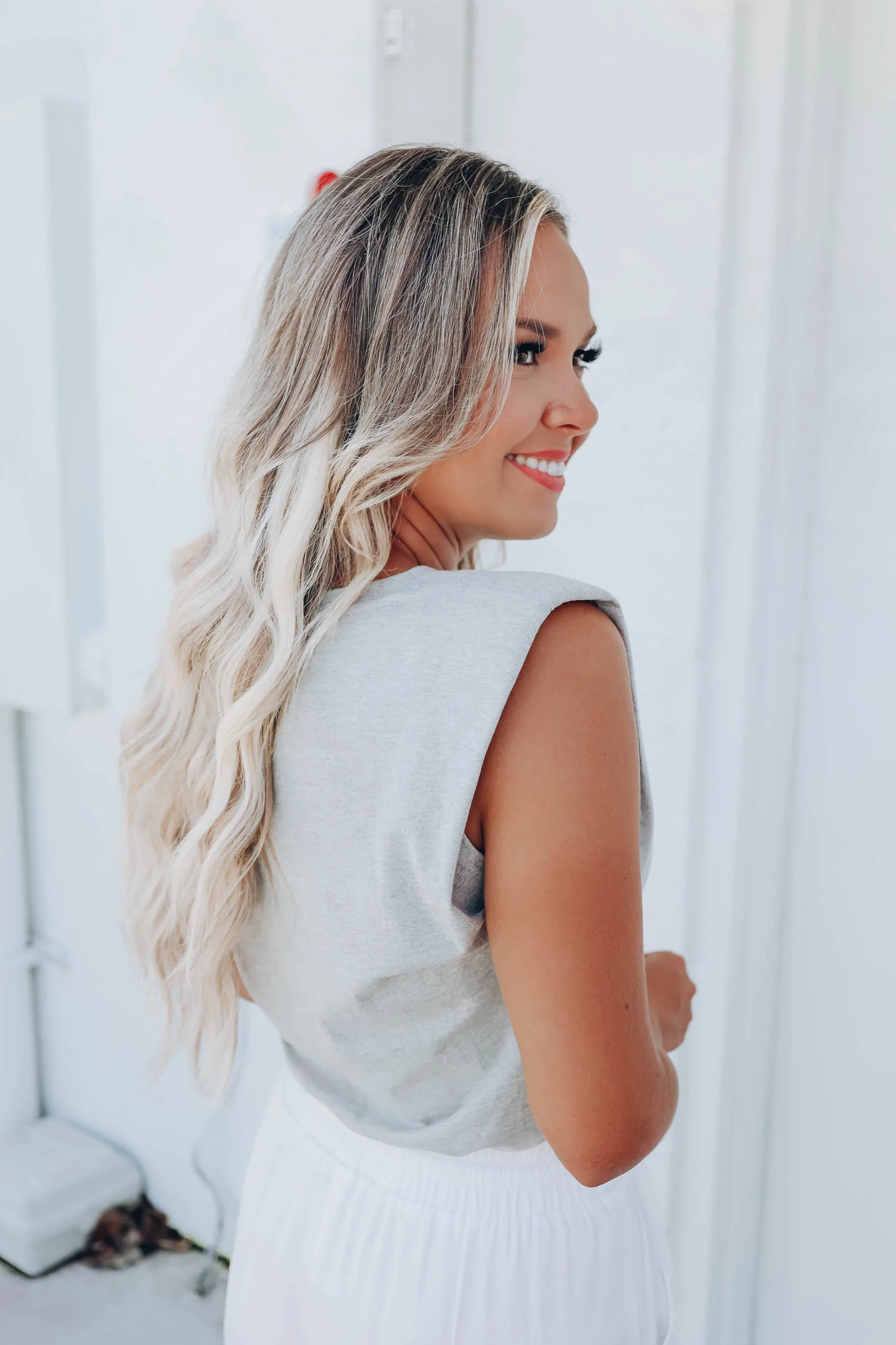 Hallie Padded Shoulder Top - Grey
