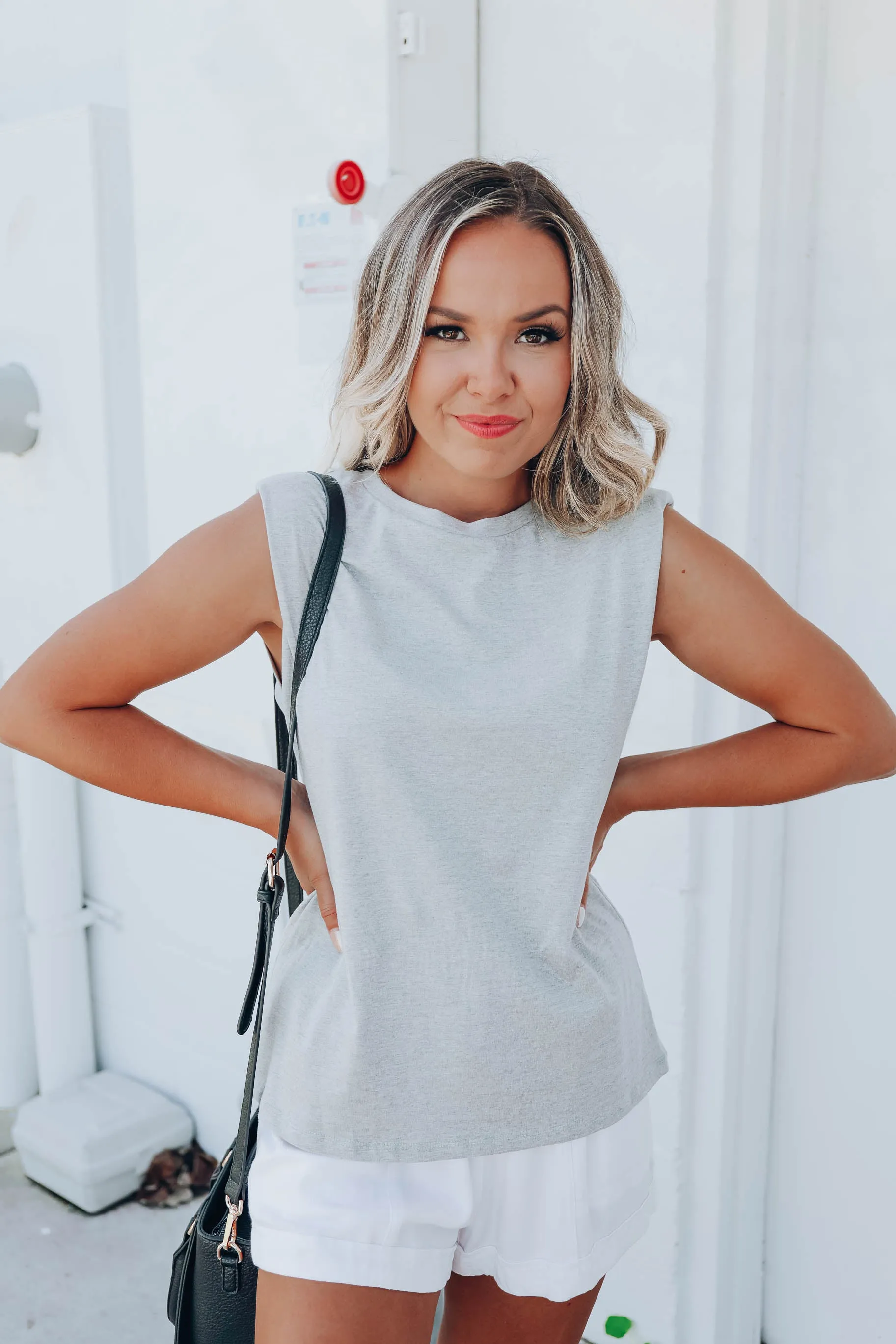 Hallie Padded Shoulder Top - Grey
