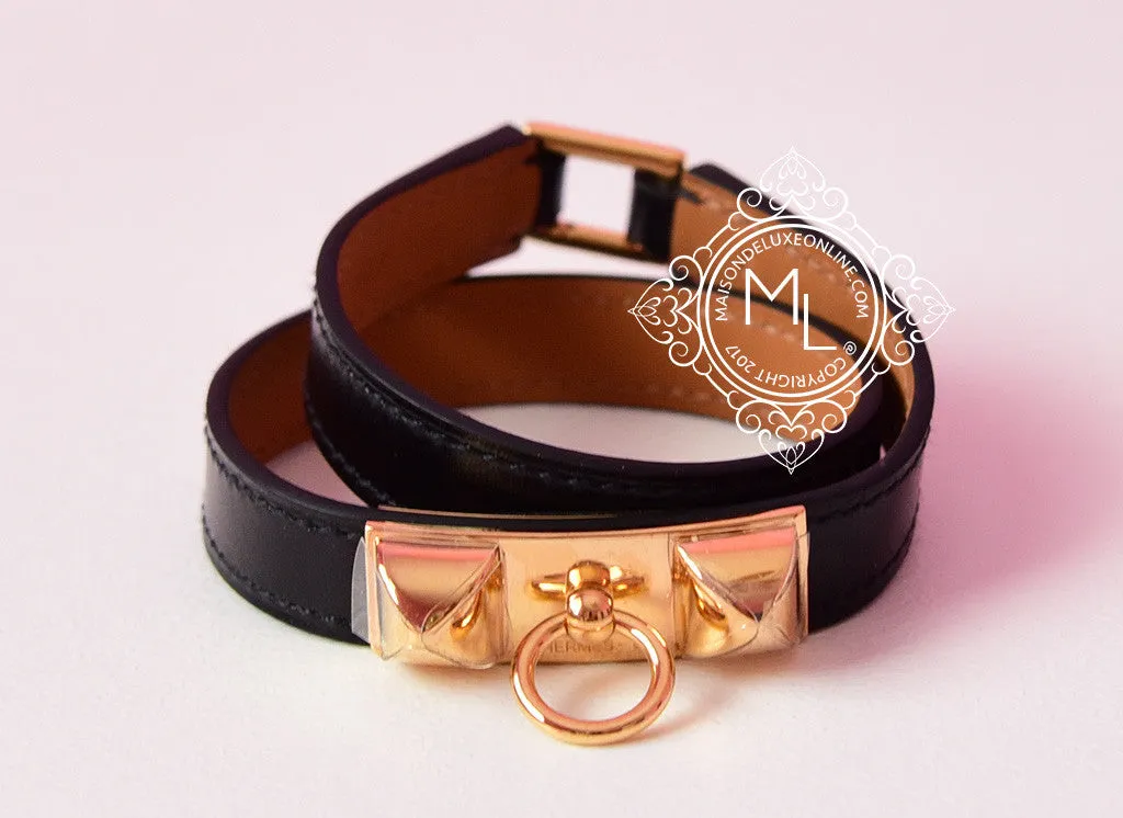 Hermes Noir Black GHW Rivale Double Tour Bracelet Cuff M