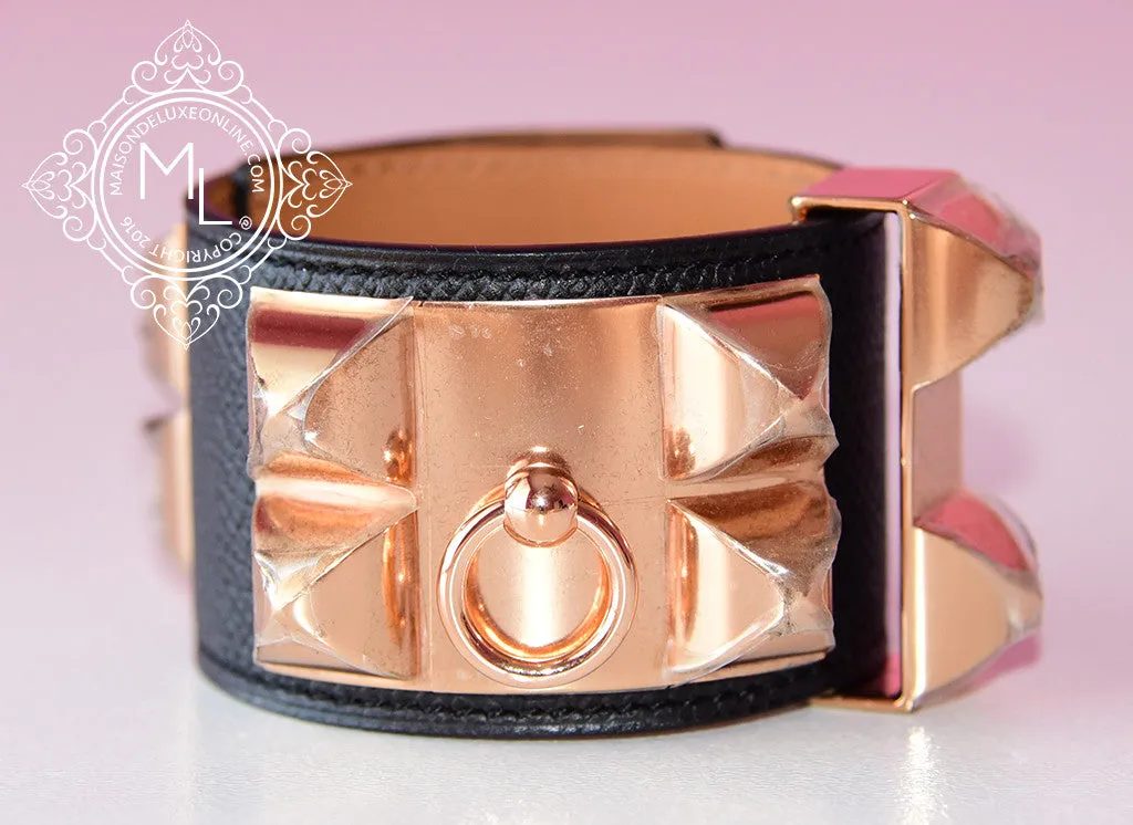 Hermes Noir Black Rose Gold Epsom Collier De Chien Bracelet Cuff S
