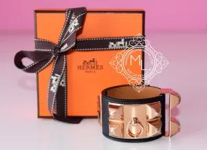 Hermes Noir Black Rose Gold Epsom Collier De Chien Bracelet Cuff S