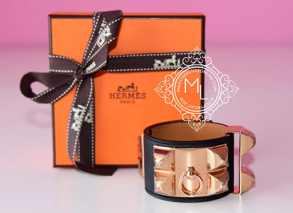 Hermes Noir Black Rose Gold Epsom Collier De Chien Bracelet Cuff S
