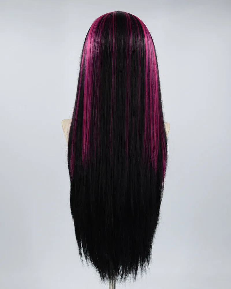Hot Pink Streaked Black Synthetic Lace Front Wig WW507