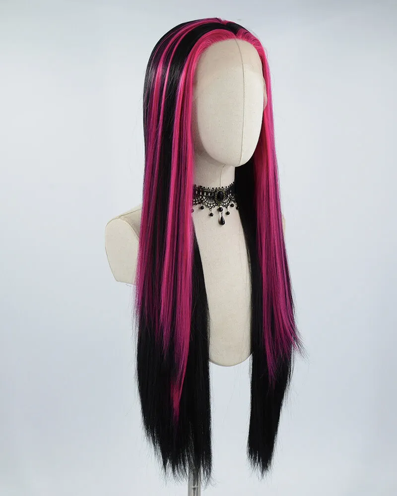Hot Pink Streaked Black Synthetic Lace Front Wig WW507