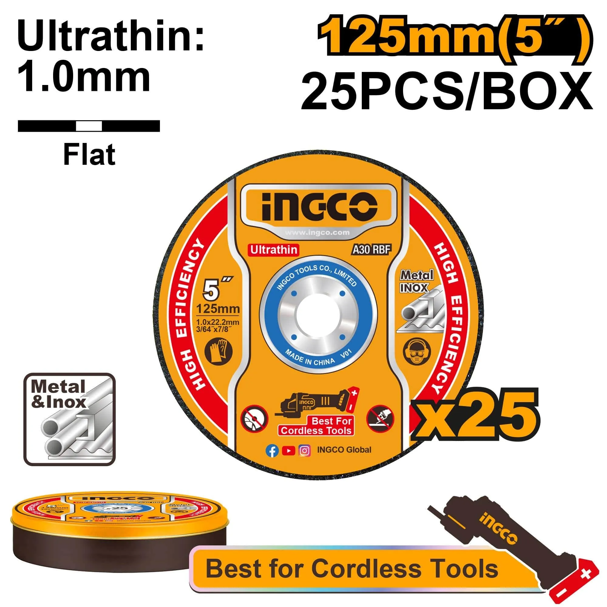 Ingco 25-Pieces Ultra-thin Metal Cutting Disc Set 125mm x 1.0mm - MCD1012525